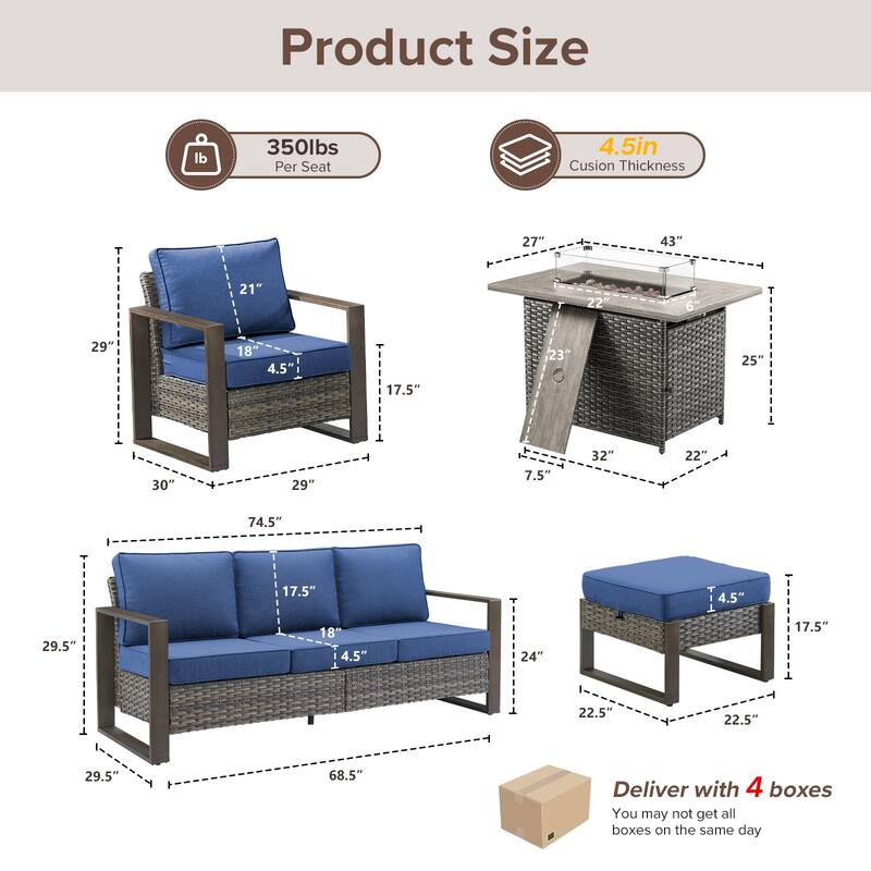 Meyreso Wicker Patio Conversation Set with Fire Pit Table & Olefin Cushions