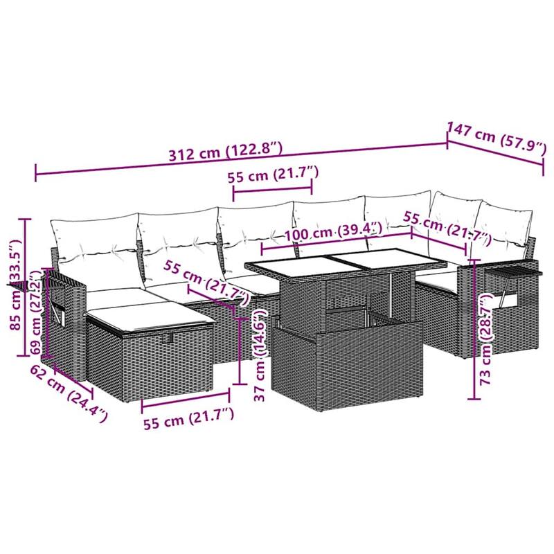 vidaXL Patio Sofa Set with Cushions Outdoor Furniture 8 Piece Poly Rattan - 21.7 x 39.4 x 28.7 in