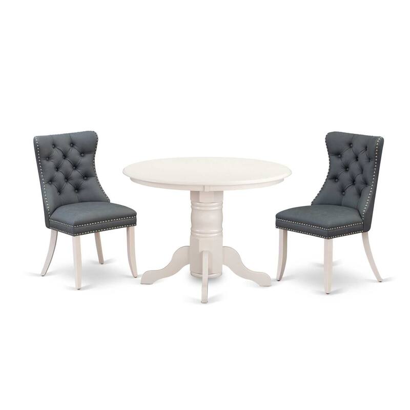 3-Piece Linen white Solid Wood Top - Round Upholstered Dining Room Set - Seats 4
