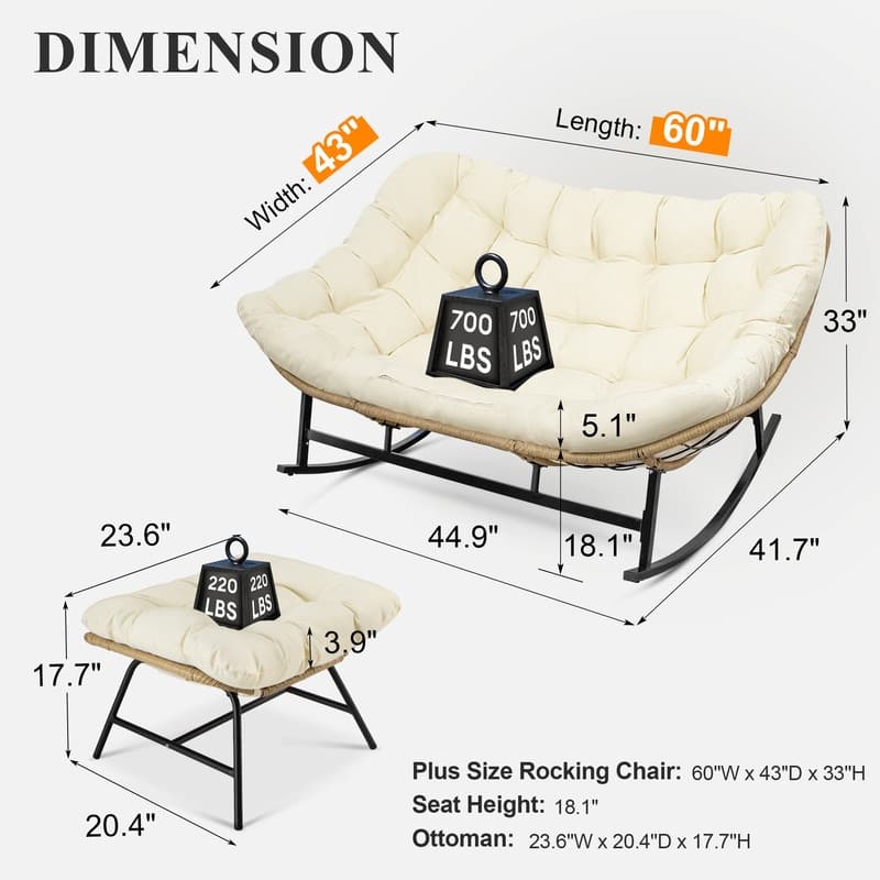 FINCATI Outdoor Double Rocking Chair, Double Wide Rocking Chair, 700 lbs Indoor Rocking Chair for Two, Double Papasan Chair