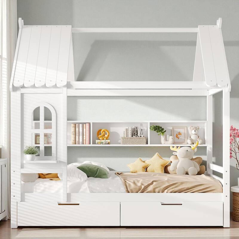 Twin/Full Size Wooden House Bed with Drawers and Shelves, Kids Platform Bed Frame with Window Roof Design - Light White - Full
