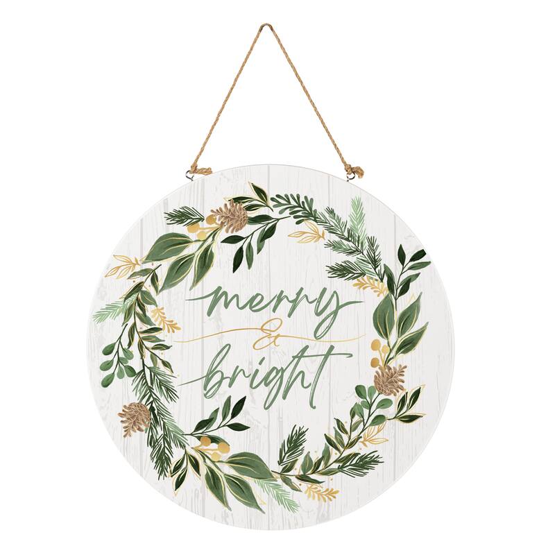 Shades of Green Wood Door Decor, "Merry Bright" - 18" - Multicolor