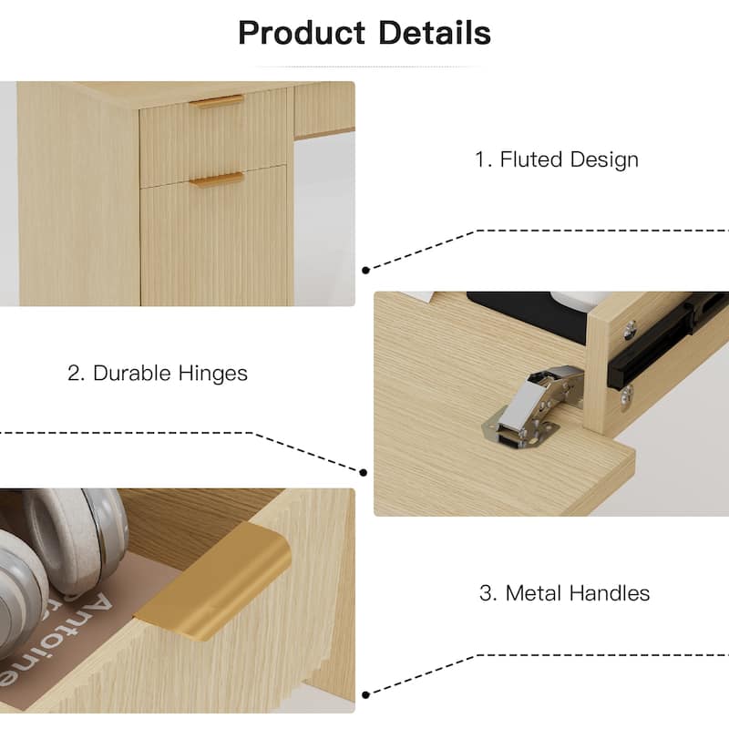 Pocassy Fluted Office Desk with Power Outlets Long Monitor Stand
