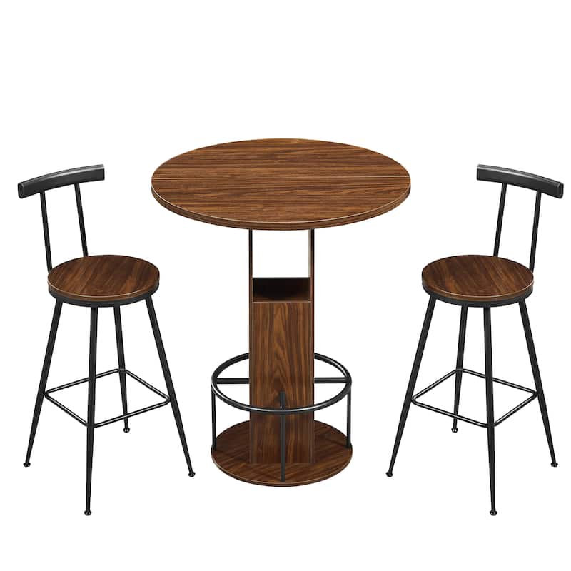 3-Piece Bar Table and Stool Set 31.5-inch round bar table with two stools Compact wooden dining bar with metal ring footrest - Walnut