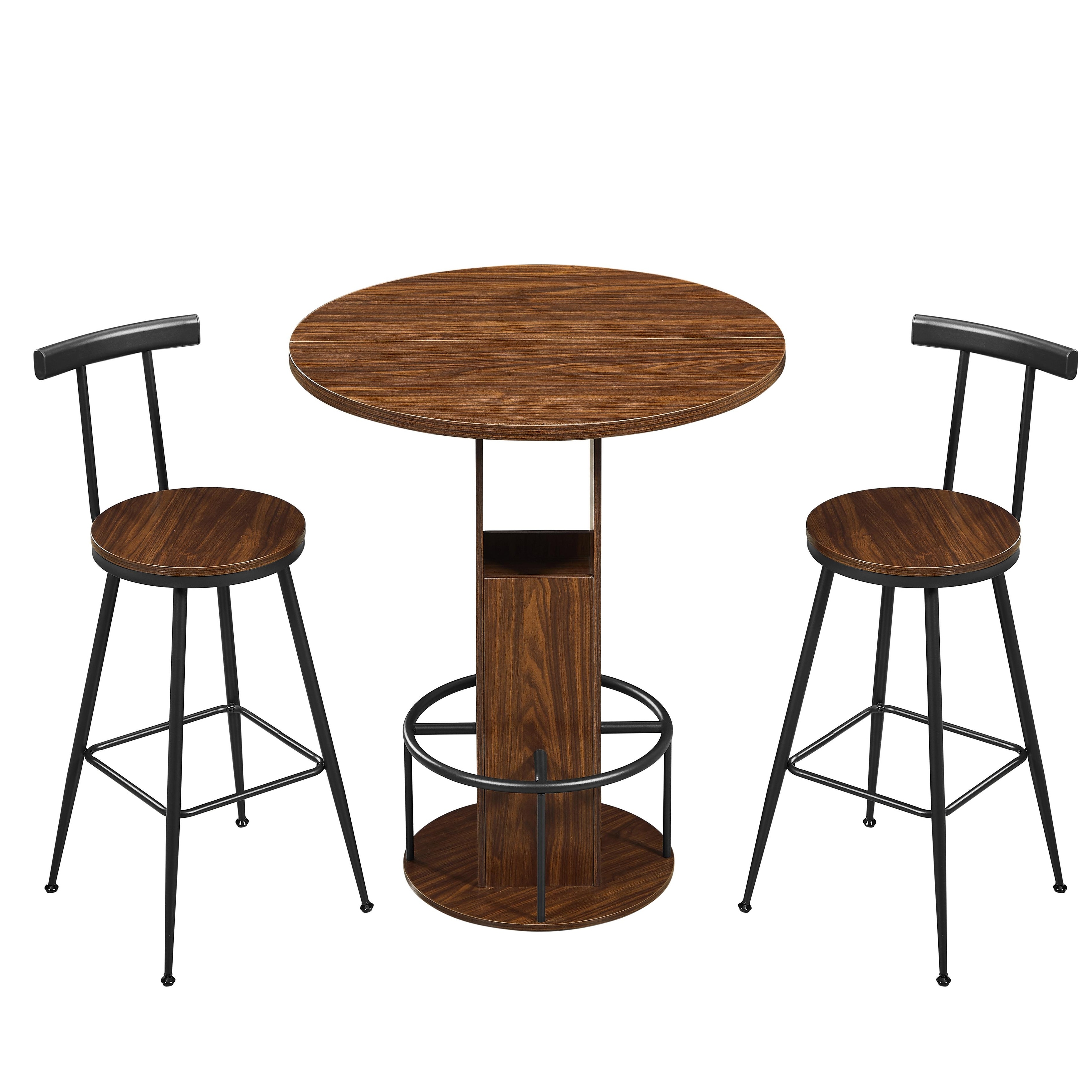 3-Piece Bar Table and Stool Set 31.5-inch round bar table with two stools Compact wooden dining bar with metal ring footrest