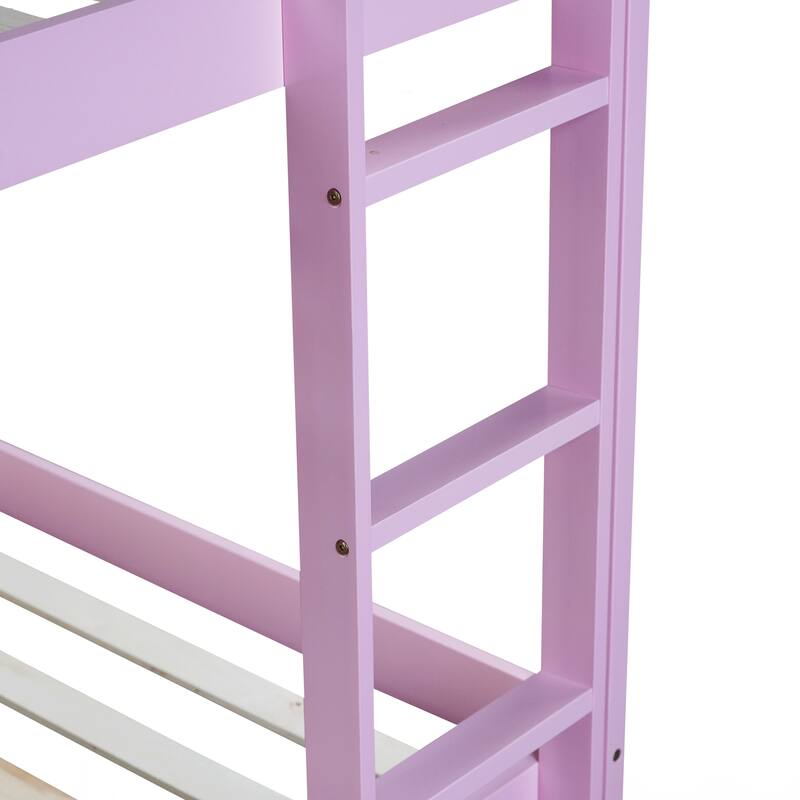Wooden Twin over Twin Floor Bunk Bed with Ladder ,Upper and Bottom Bed Platforms