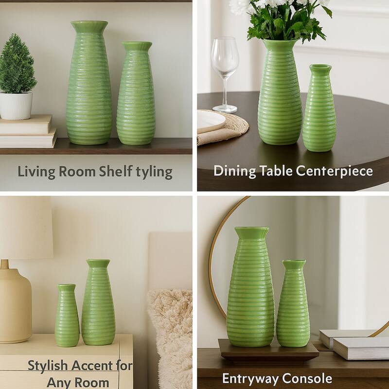 Set of 2 Avocado Green Ceramic Cylinder Vases with Matte Finish Decor
