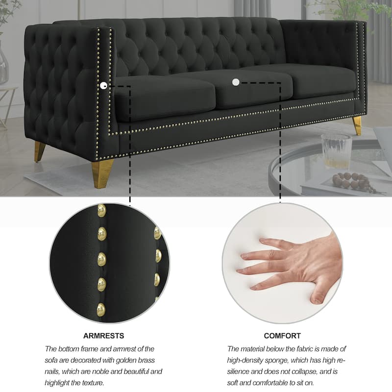 Classic Chesterfield Velvet Sofa, Tufted with Nailhead Trim, 3-Seater Couch with Metal Legs for Bedroom or Living Room