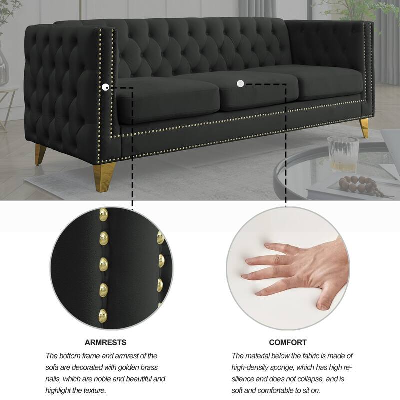 Modern Velvet Chesterfield Sofa for Living Room, Button-Tufted 3-Seater Couch with Square Arms and Metal Legs
