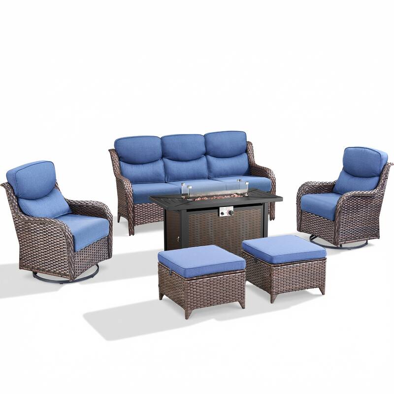 Pocassy Patio Sofa Swivel Chair Set with 43" Fire Pit Table