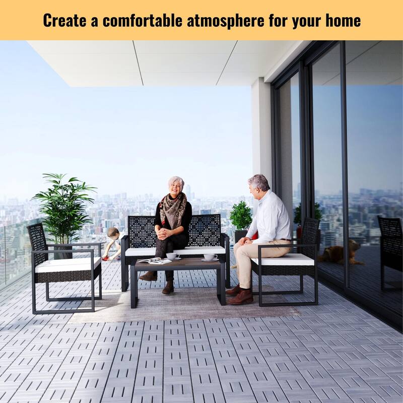 10 PCS Interlocking Deck Tiles Checker Pattern, 12" x 12" Light Gray Square Acacia Hardwood Outdoor Flooring