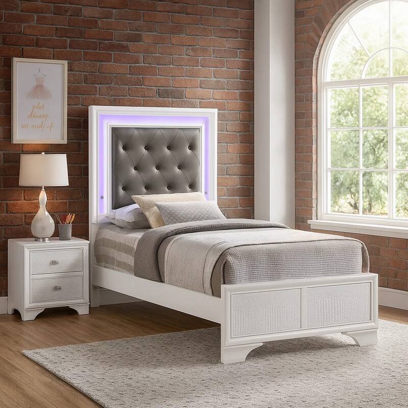 Lise Twin Size Bed, Gray Fabric Upholstery, LED Lit, Modern White Wood