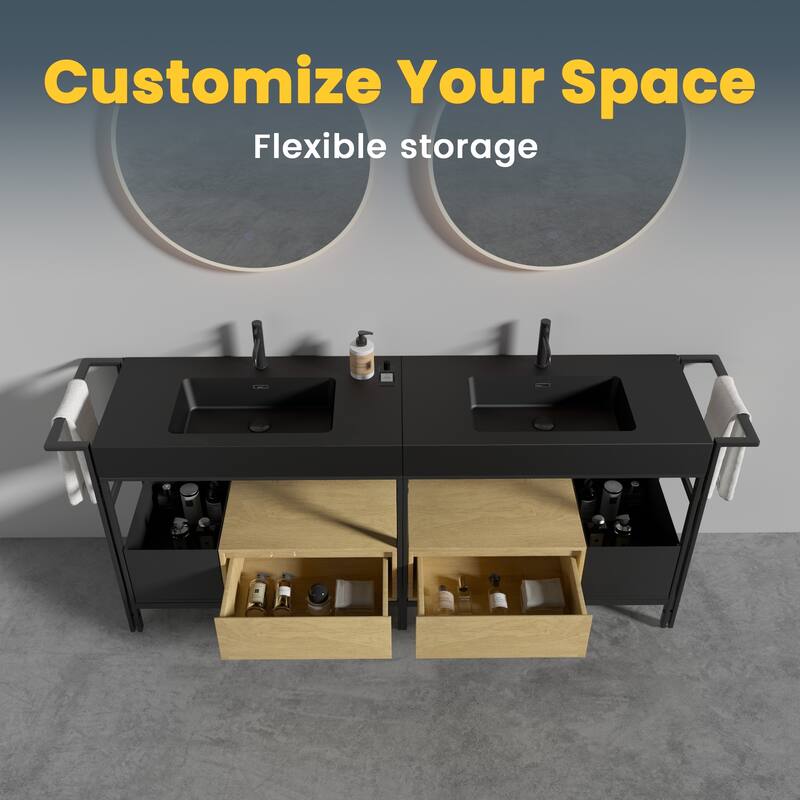 GDFStudio - Forte Industrial Metal Frame Bathroom Vanity with Artificial Stone Basin, Towel Rack & Open Storage