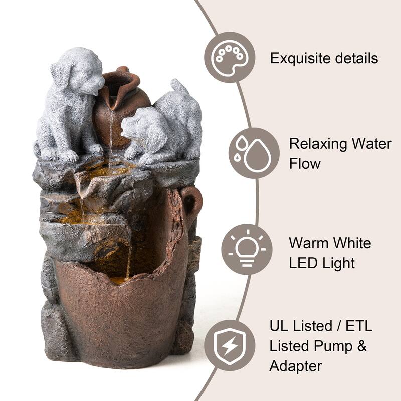 Glitzhome 4-Tiered Dogs or Elephant and Pot Polyresin Outdoor Fountain with Pump and LED Light