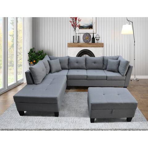 Sectional Sofa Set with Left Hand Chaise Lounge and Storage Ottoman (Grey)