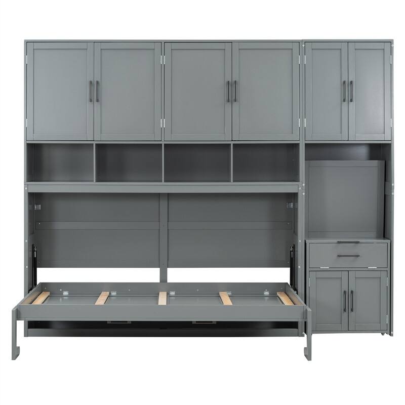 Twin Size Murphy Bed with Closet, Desk and Storage Shelves, Space Saving Design Murphy Bed Cabinet with Open Storage