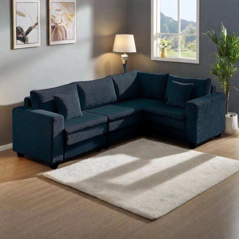 98" Corduroy L-Shaped 3-Seater Sectional Sofa with Deep Seat and Modular Design - Blue