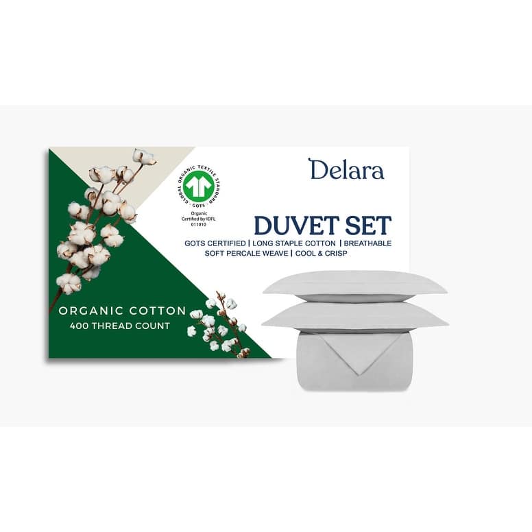 Delara 100% Organic Cotton Percale Weave Duvet Cover Set, GOTS Certified, 400 Thread Count - Light Grey - King