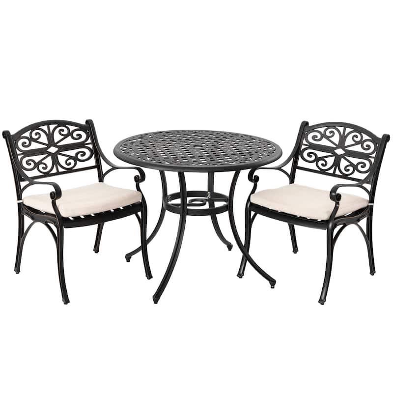 Outdoor Cast Aluminum Bistro Set of 3 with Umbrella Hole and Cushions