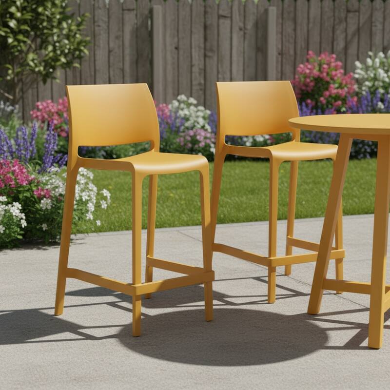 HomeRoots Set of Two 26" Gold and Yellow Heavy Duty Plastic Low Back Outdoor Counter Height Bar Chairs