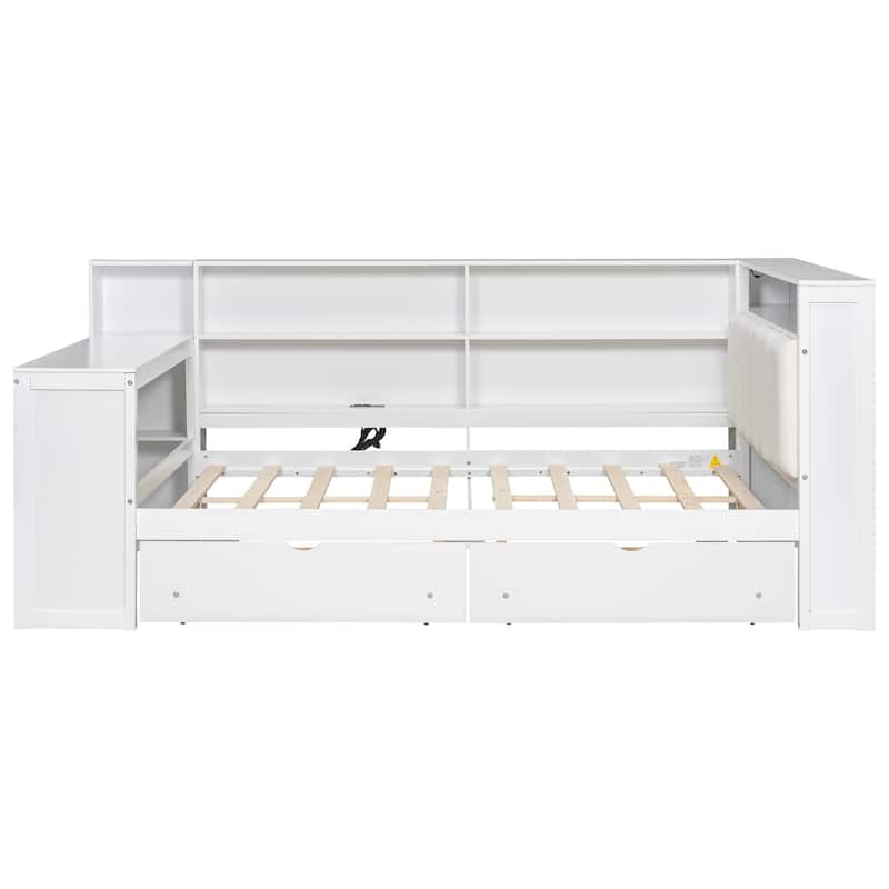 LED Platform Daybed, Wooden Sofa Bed Frame with Built In Desk, Charging Station, Upholstered Headboard, 2 Drawers and Shelves