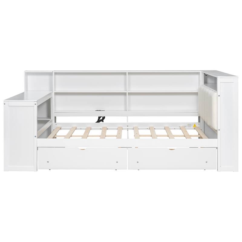 Wood Daybed Twin Size Platform Bed with Storage Shelves, Drawers, Charging Station, Desk, LED and Upholstered Cushion Headboard