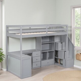 Twin Pine Loft Bed with L-Desk, Storage Staircase, 3 Drawers & Cabinet ...