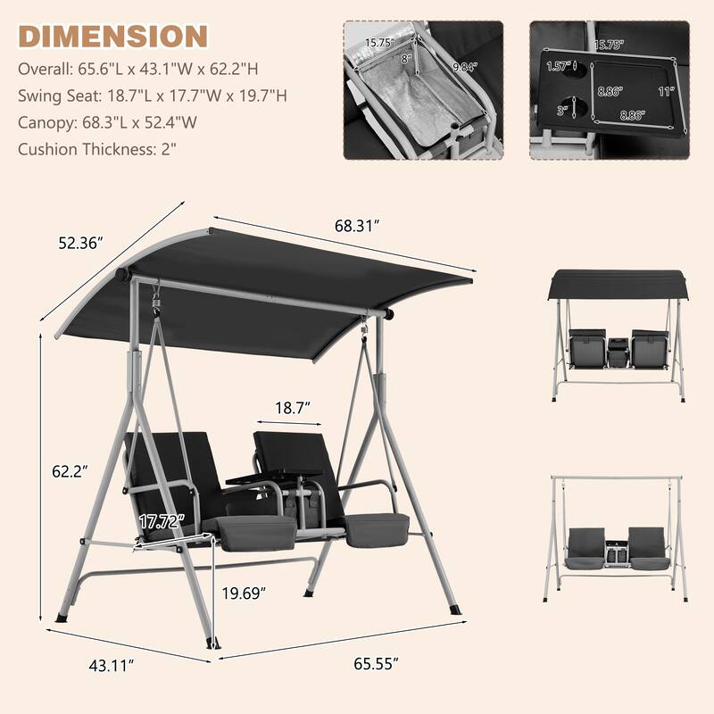 Outdoor Swing with Stand, Canopy, Pivot Table & 2 Cup Holders - Patio, Balcony, Bedroom