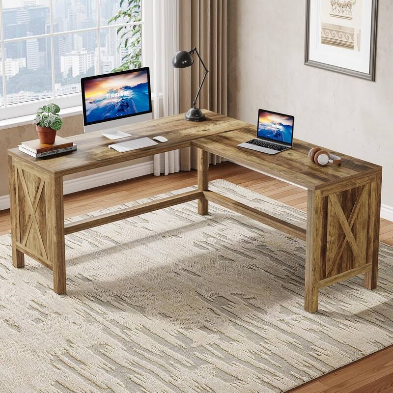 L-Shaped Desk Corner Computer Desk, Rustic Executive Office Table - Brown