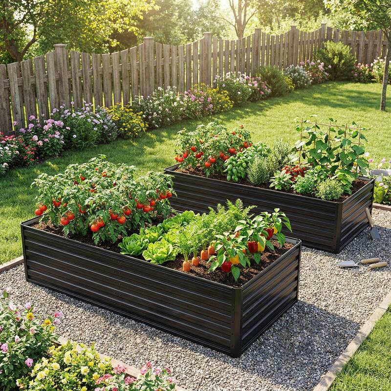 GDFStudio - Olivia Outdoor Galvanized Steel Raised Garden Bed Planter Box - 6x3x2 FT - Black+Set of 2