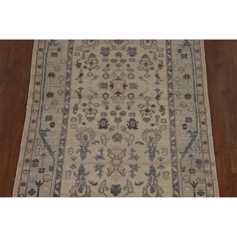 Vegetable Dye Beige Oushak Turkish Runner Rug Hand-Knotted Wool Carpet - 3'2" x 11'10"