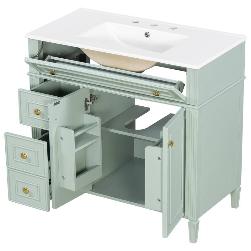 Modern 36 Inch Bathroom Vanity with Ceramic Sink, Solid Wood Frame Bathroom Storage Cabinet with Drawers and Gold Handles