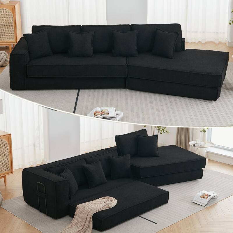 133" Lamb Velvet Convertible Sectional Sleeper Sofa with 7 Pillows - Black