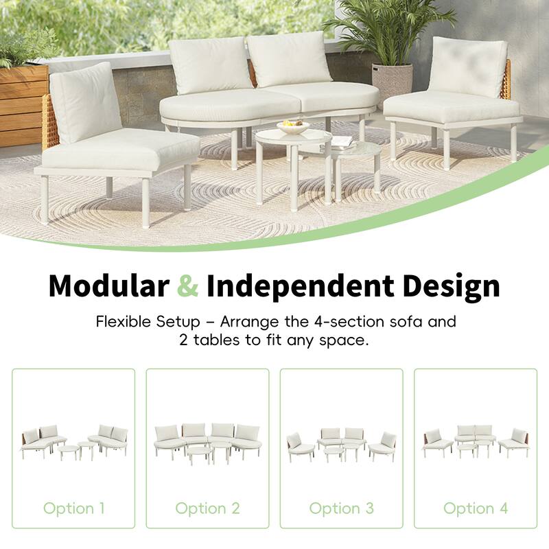 6-Piece Patio Half Moon Sofa Set with 2 High-Low Coffee Tables, 4 Pillows & Cushions