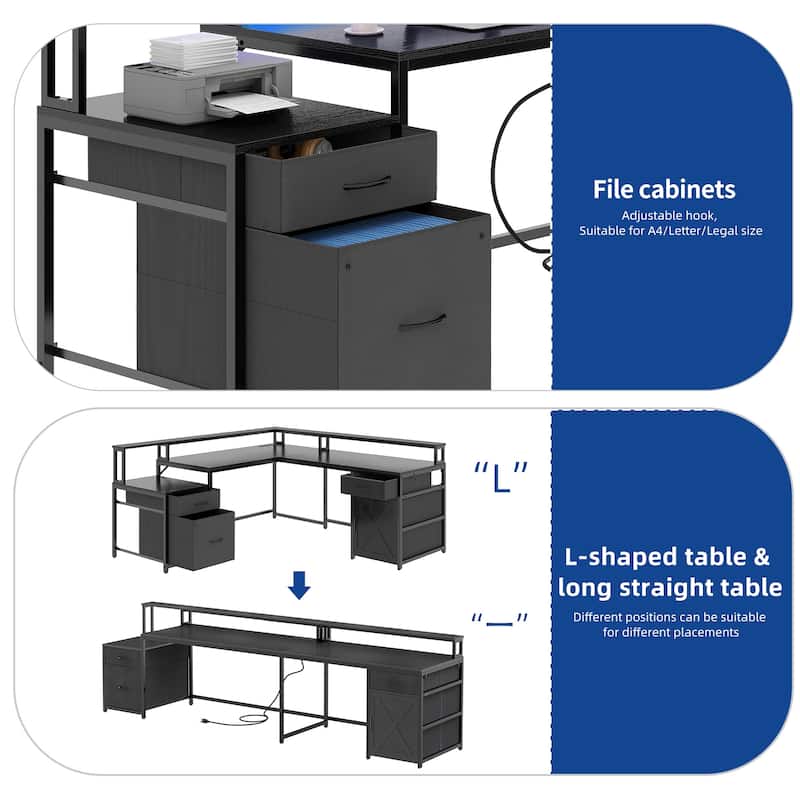 Moasis 63" Corner L Shaped LED Computer Desk with Drawers & Power Outlets