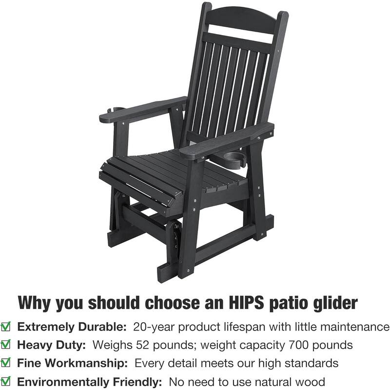 Poly Lumber Patio Glider for One Person with Cup Holders, HIPS Material, All-Weather Resistant