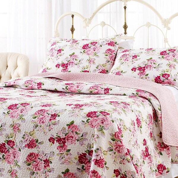 Laura Ashley Lidia Cotton Reversible Pink Quilt Set - Overstock 