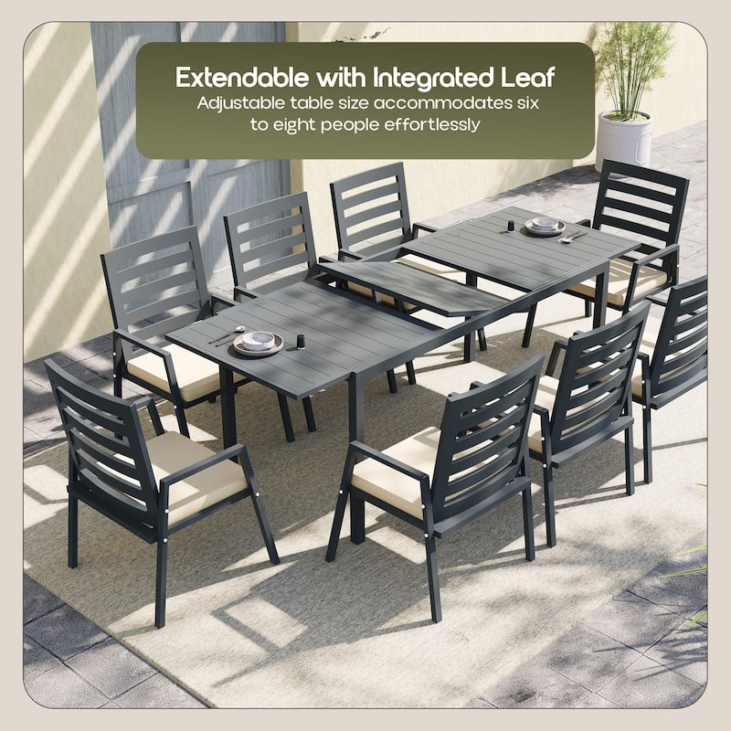 Rectangular Outdoor Patio Dining Table in Aluminum Extendable Leaf Tabletop for Porch & Backyard