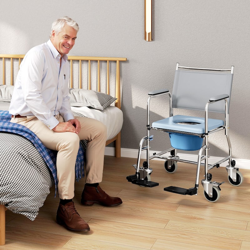 HOMCOM Rolling Shower Chair with Wheels, Bedside Commode Wheelchair with Padded Seat, Backrest, for Handicap - Silver