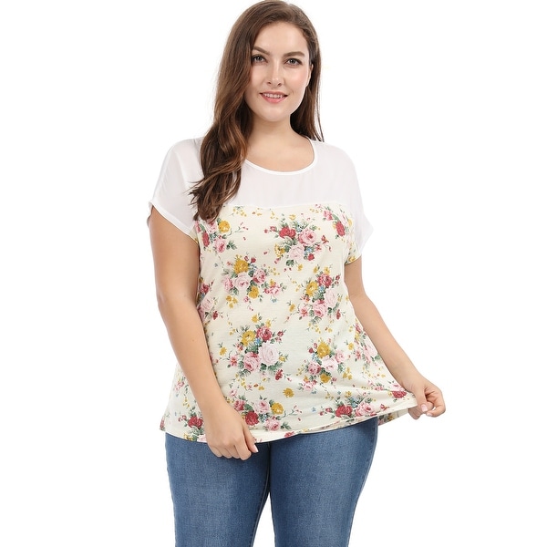 Allegra K Women's Plus Size Paneled Dolman Sleeves Floral Prints Top