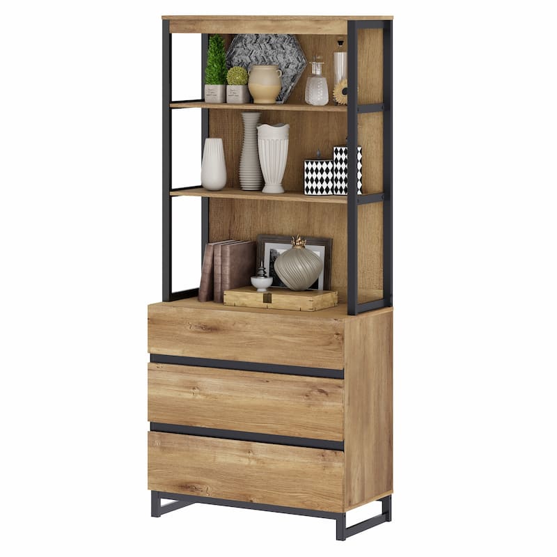 WAMPAT Modern 72" Tall Bookcase with Drawers and Open Book Shelfs, Library Book Shelf for Home Office, Living Room