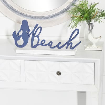 Dark Blue Metal Beach Decorative Sign with Mermaid Accent