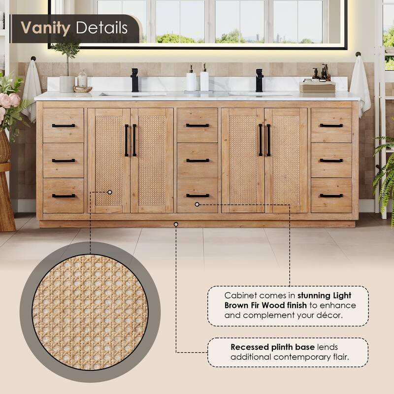 Floral Single Bathroom Vanity in Light Brown with Calacatta White Quartz Countertop with Mirror