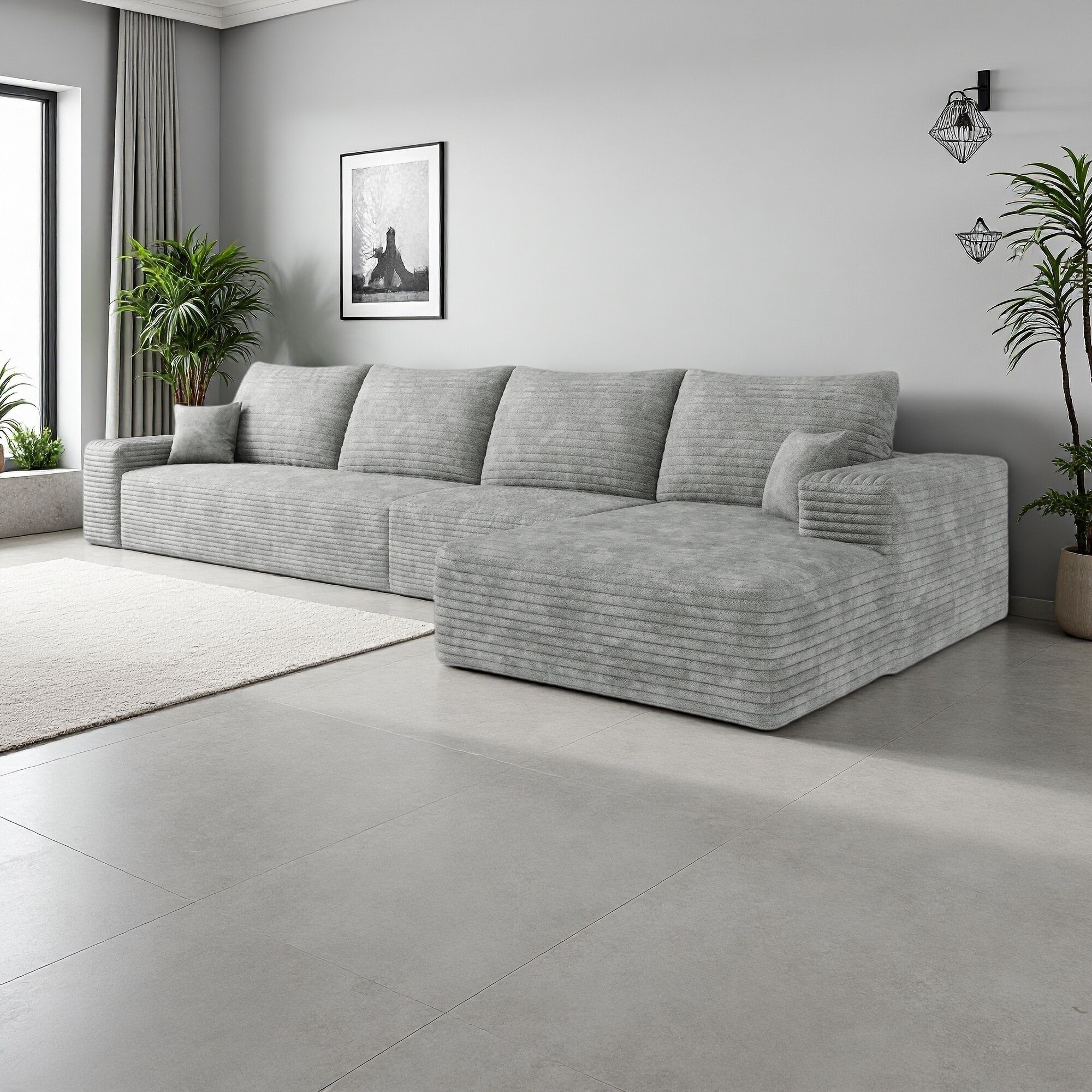 135" Plush Corduroy L-Shaped 4-Seater Sectional Sofa with Right Facing Chaise Lounge