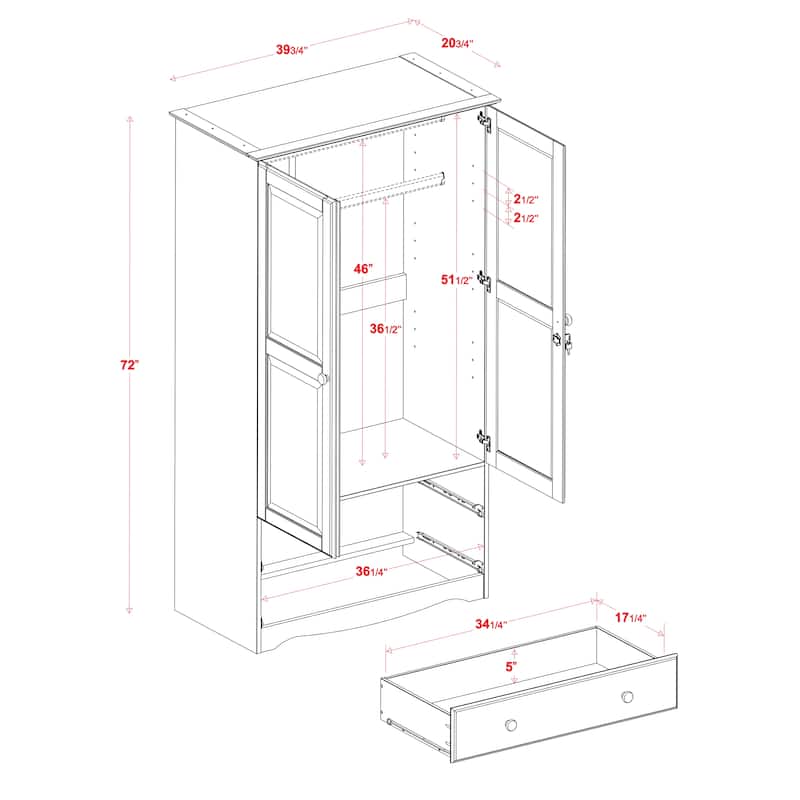 Palace Imports 100% Solid Wood Smart Wardrobe Armoire with 2 Drawers, Metal or Wooden Knobs