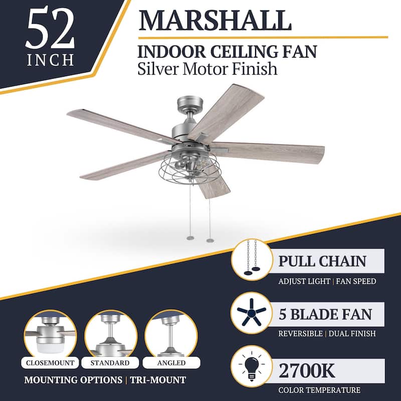 52" Prominence Home Marshall Pewter Industrial Style LED Ceiling Fan with Light, Pull Chain