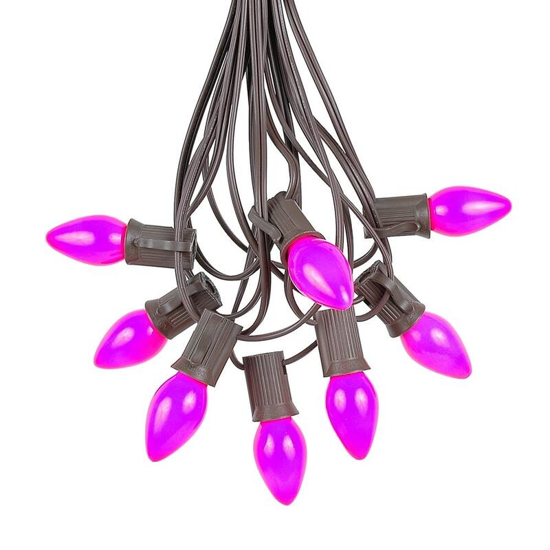 25 Foot C7 Ceramic Christmas Light Set, Hanging String Lights, Brown Wire - Purple