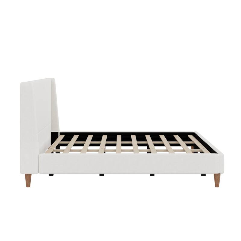Velvet Upholstered Wingback Bed Frame with Headboard and Walnut Wooden Legs, No Box Spring Needed Low Profile Platform Bed
