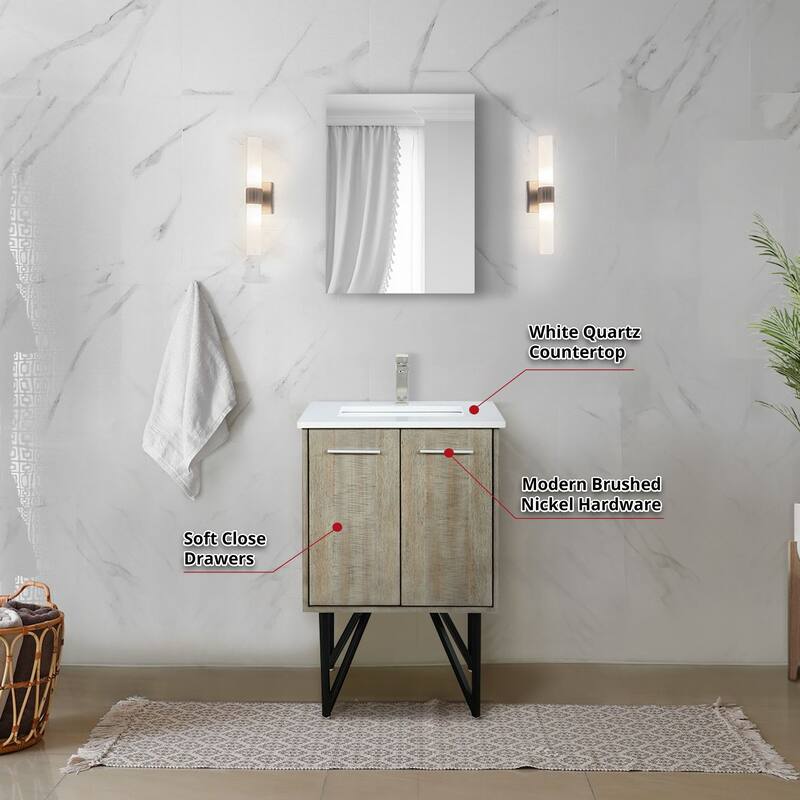 Lancy 24 in W x 20 in D Rustic Acacia Bath Vanity, White Quartz Top and 18 in Mirror