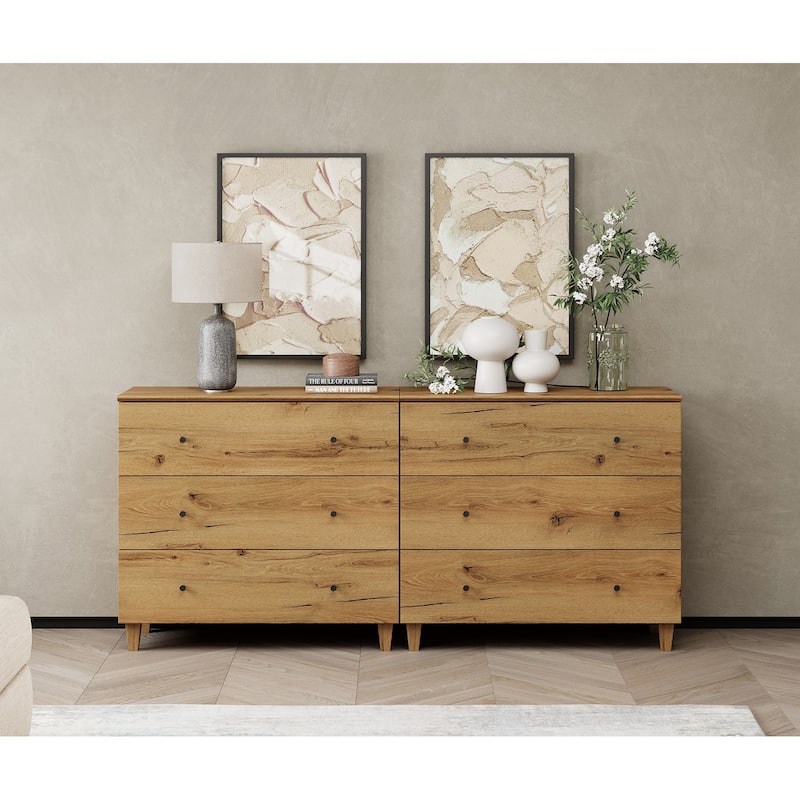 WAMPAT Dresser with 3 Drawers, 35.4" Wide Chest of Drawer for Bedroom - Rustic Brown - 6-drawer